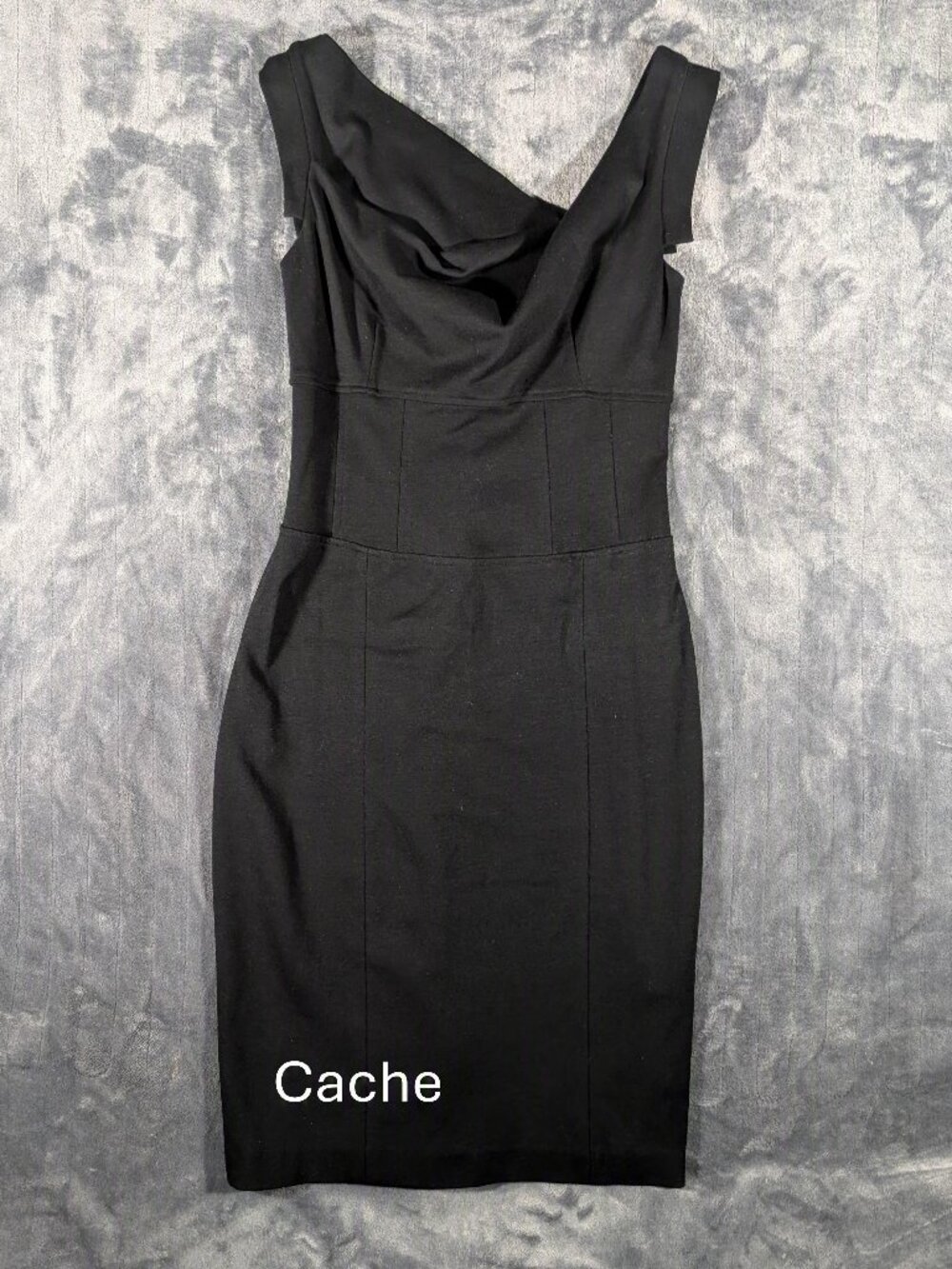 Vintage Cache Black Bodycon Dress Asymmetrical Neck Knee Length, Y2K, Size 6